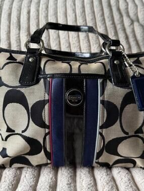 Coach Signature Stripe Satchel Bag Black Khaki Canvas Patent Leather F25526